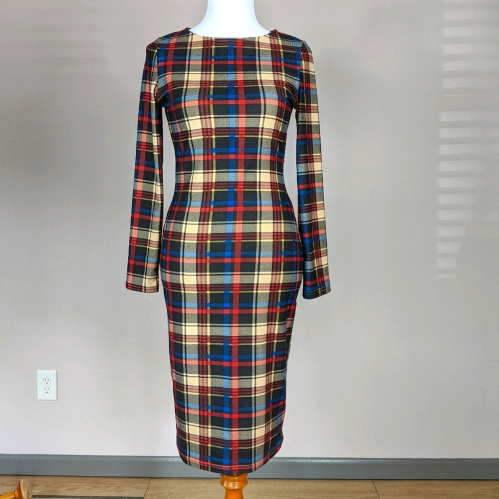 Flannel Pencil Dress - Tan/Red